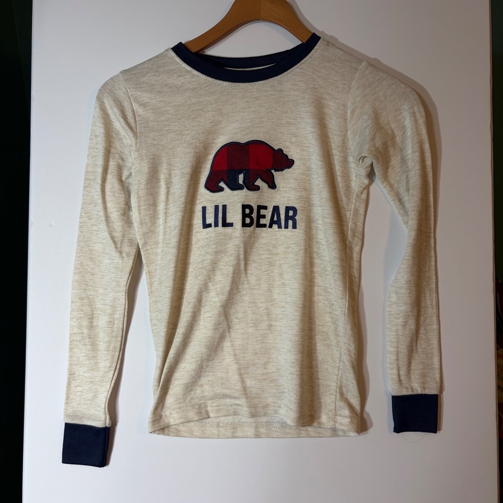Dearfoams Boys Lil Bear Pajama Top Long Sleeve Oatmeal Navy Blue Size 12